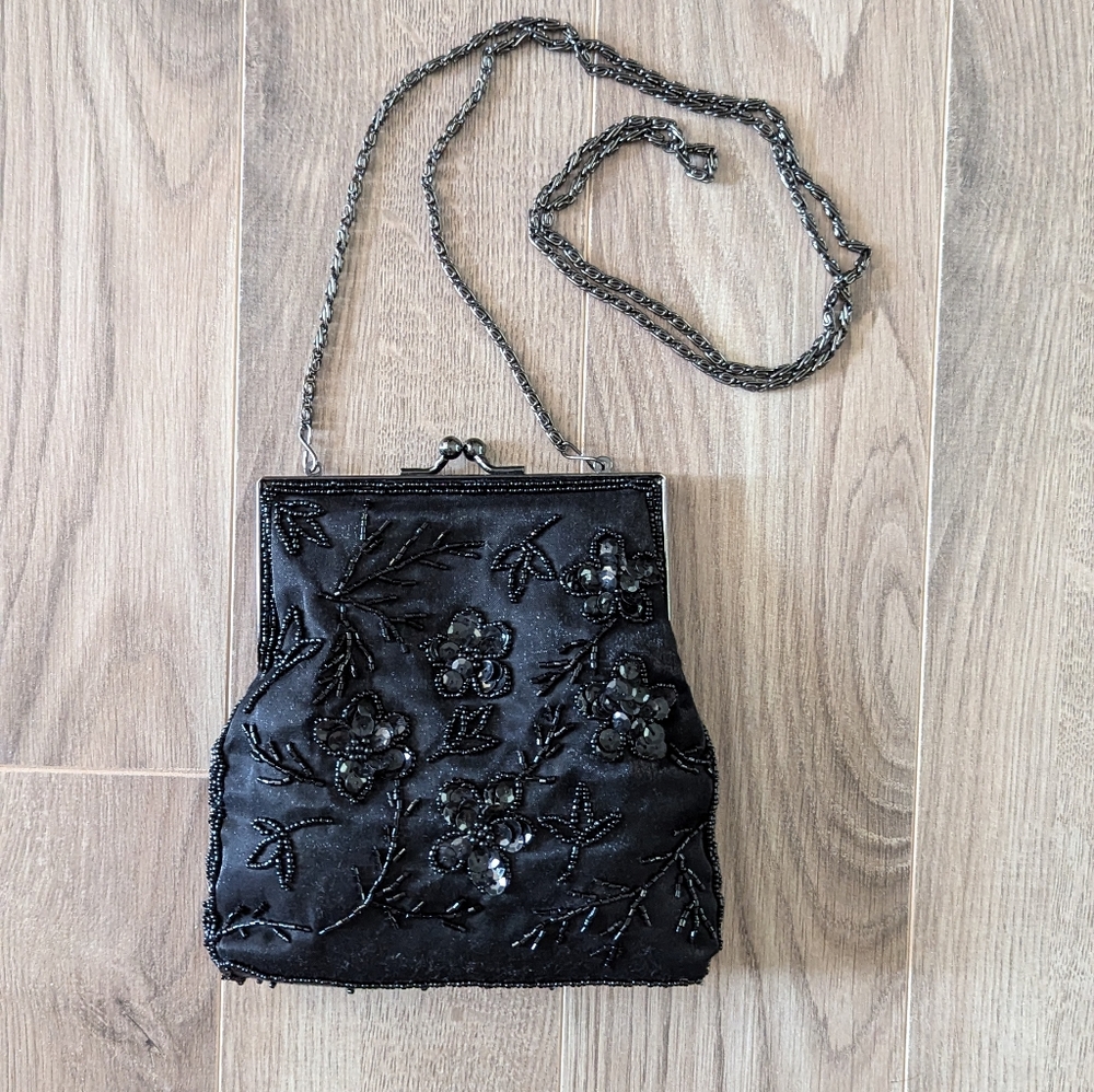 Beaded floral black handbag